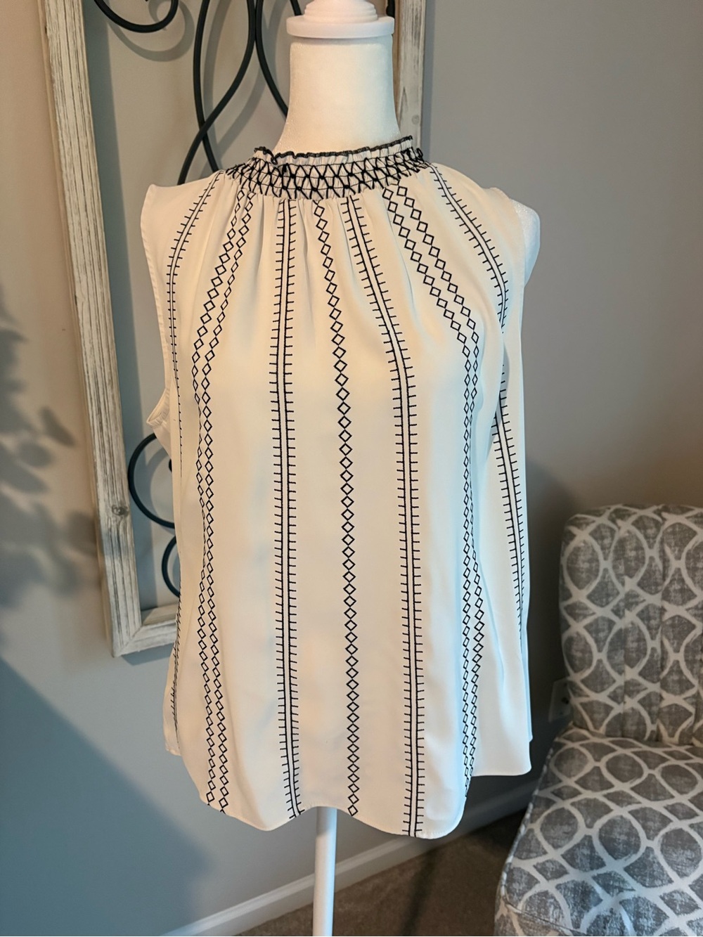 White House Black Market Cream Sleeveless Smocked Neck Tank with Black Stripes